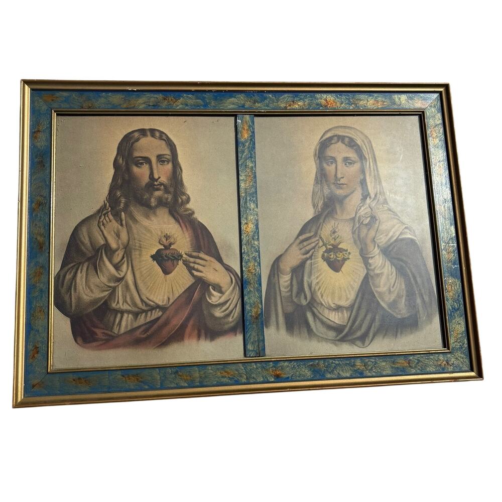 VTG Sacred Heart of Jesus and Mary Gold Wood 21x14.5" Painted Frame Religious